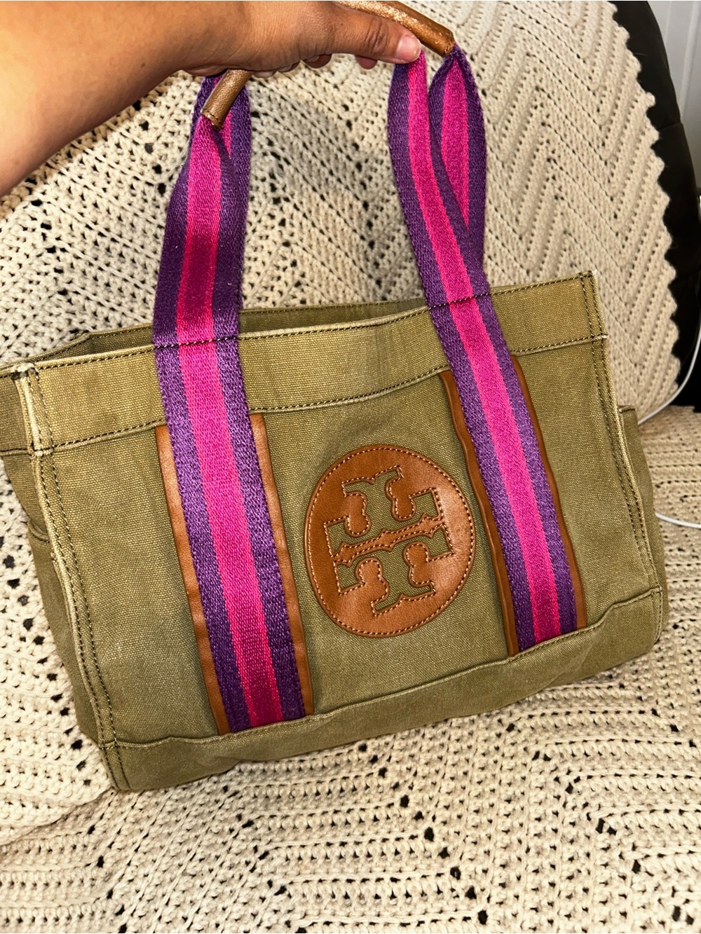 Tory Burch Olive Canvas Tote with Pink & Purple Stripe Handles - Picture 2 of 10